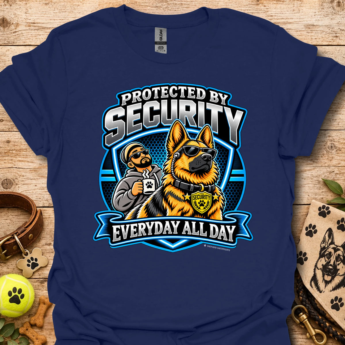 Navy T-shirt with a security guard and dog graphic and “Protected by Security” text
