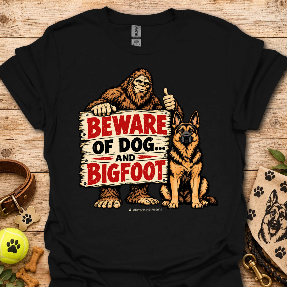 Black T-shirt with bigfoot and dog warning graphic: BEWARE OF DOG AND BIGFOOT