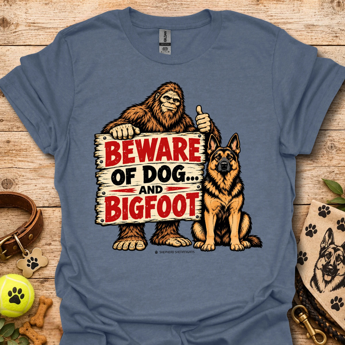 Blue T-shirt with bigfoot and dog warning graphic: BEWARE OF DOG AND BIGFOOT