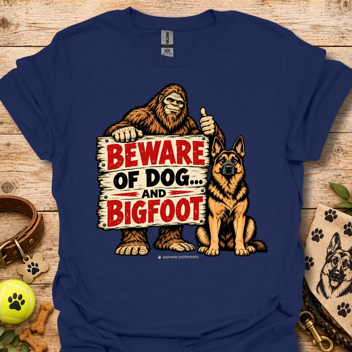 Navy T-shirt with bigfoot and dog warning graphic: BEWARE OF DOG AND BIGFOOT
