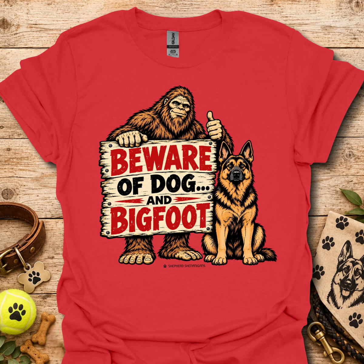 Red T-shirt with bigfoot and dog warning graphic: BEWARE OF DOG AND BIGFOOT