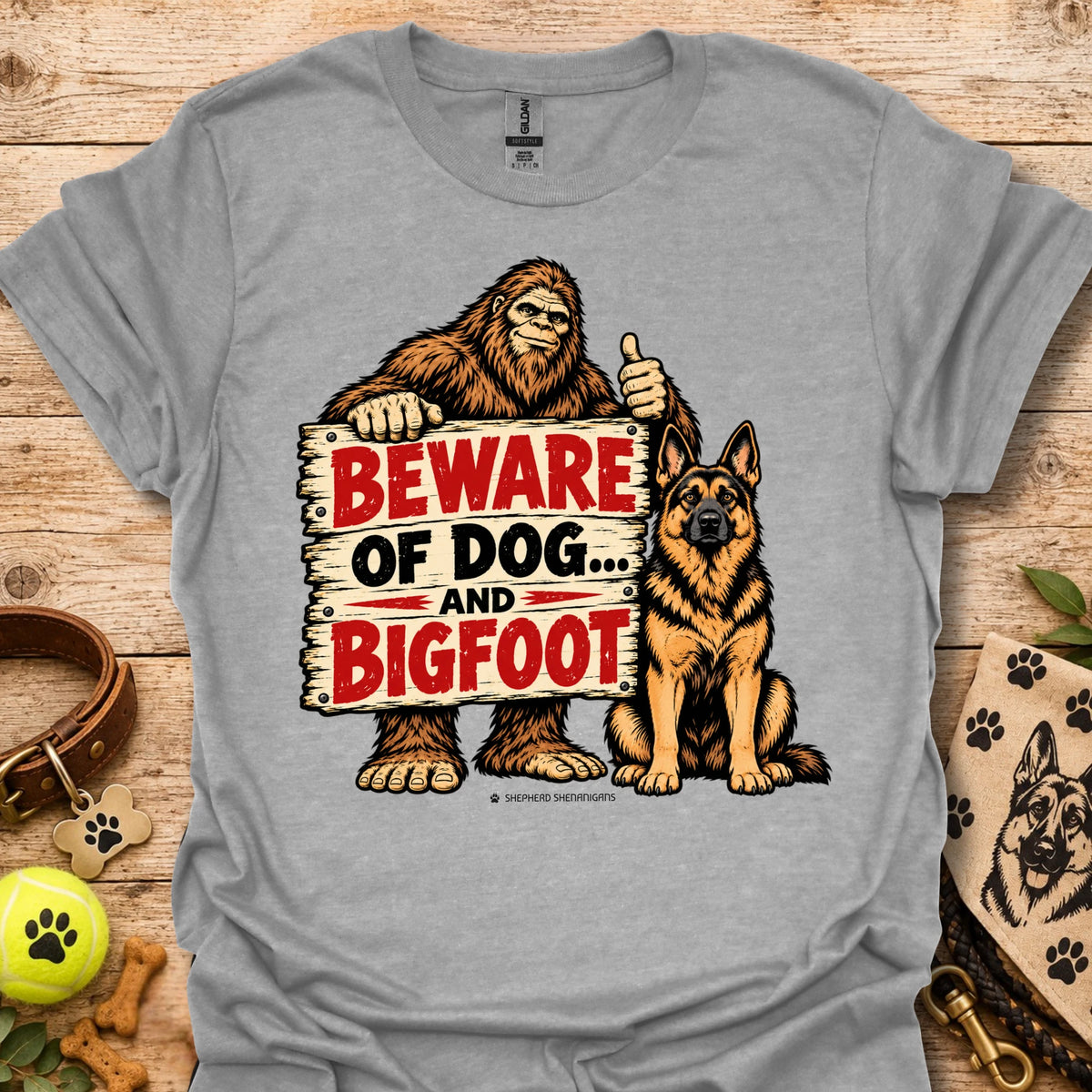 Sport grey T-shirt with bigfoot and dog warning graphic: BEWARE OF DOG AND BIGFOOT