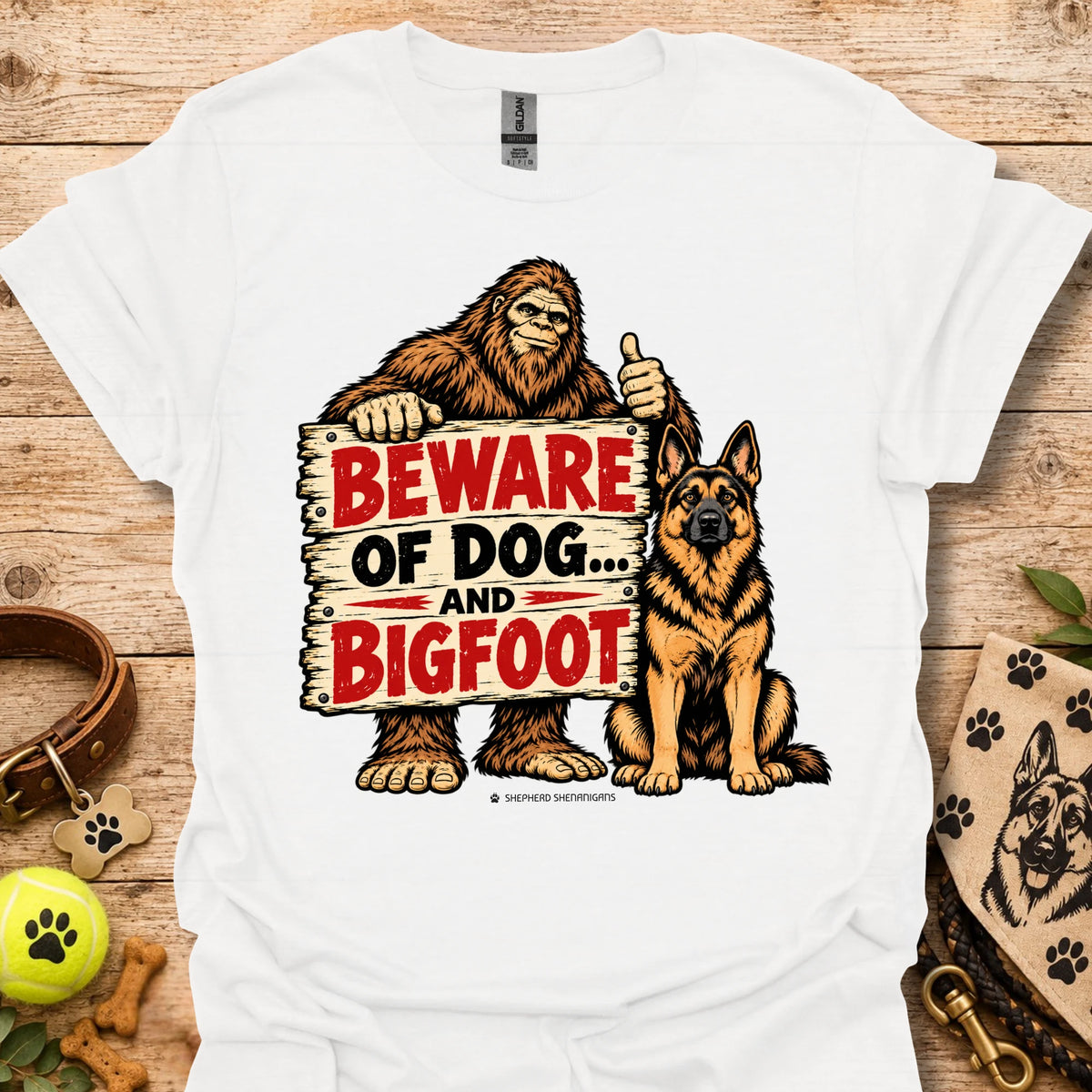 White T-shirt with bigfoot and dog warning graphic: BEWARE OF DOG AND BIGFOOT