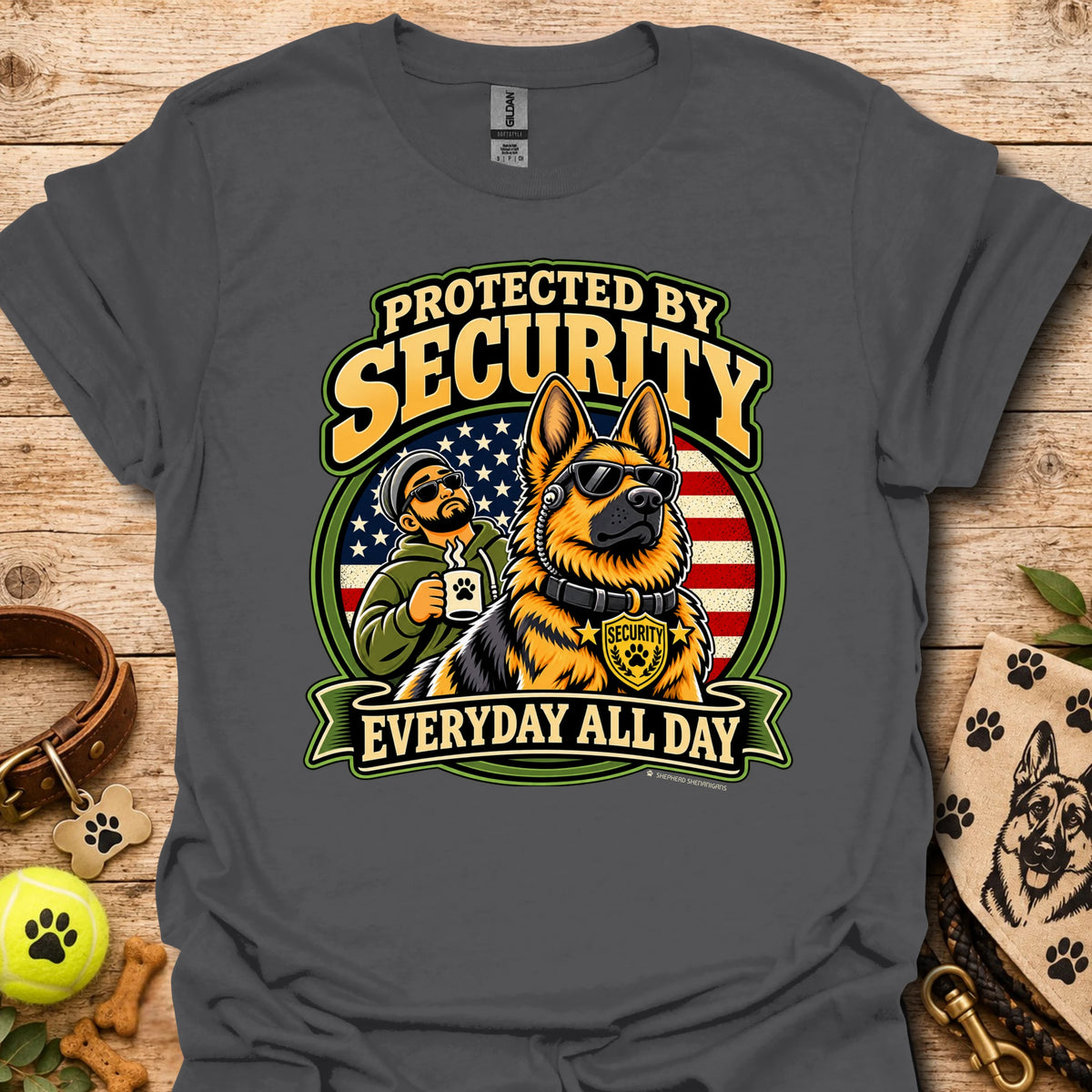 Charcoal Protected By Security T-shirt with security dog and handler graphic