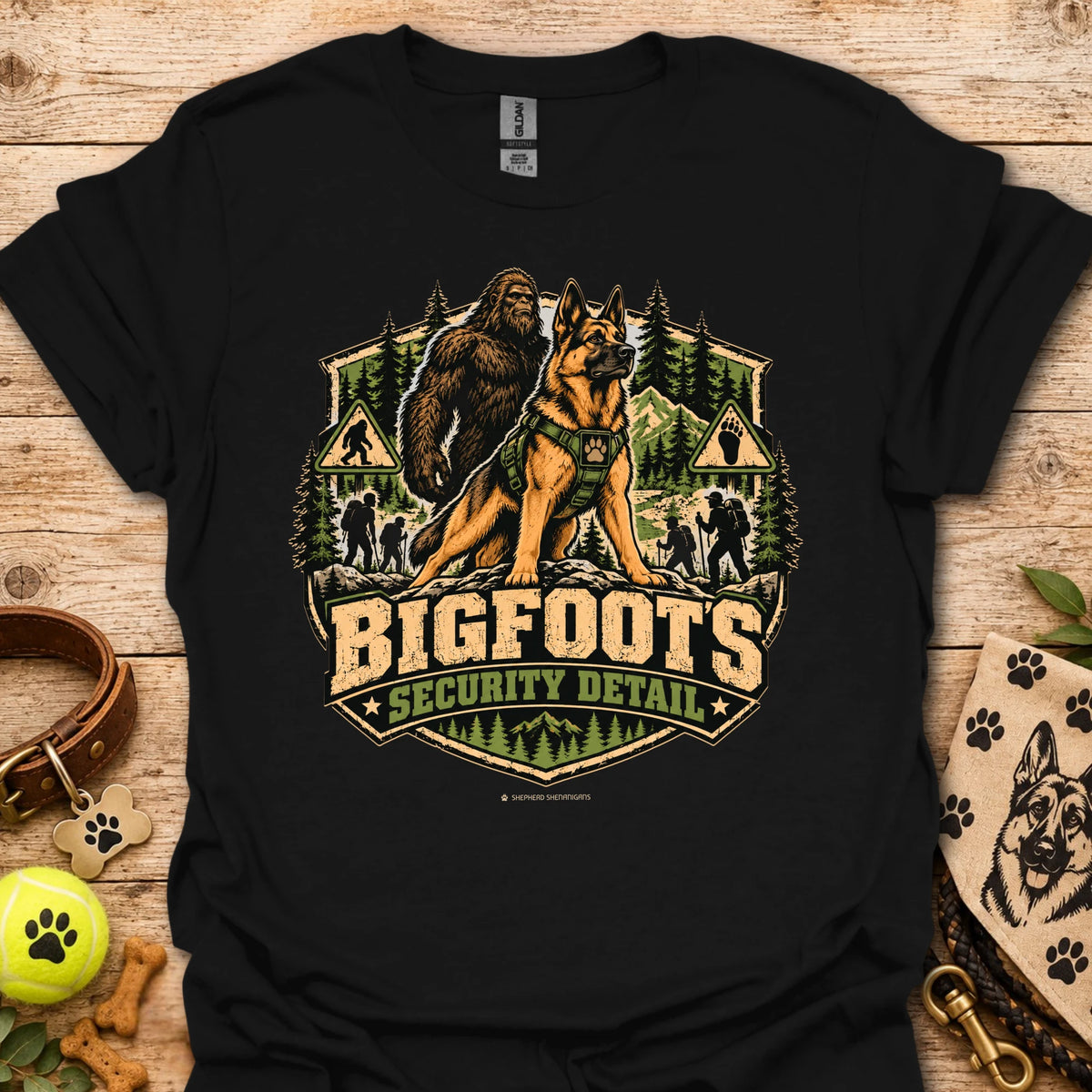 Black Bigfoot's Security Detail t-shirt with Bigfoot and dog security graphic badge