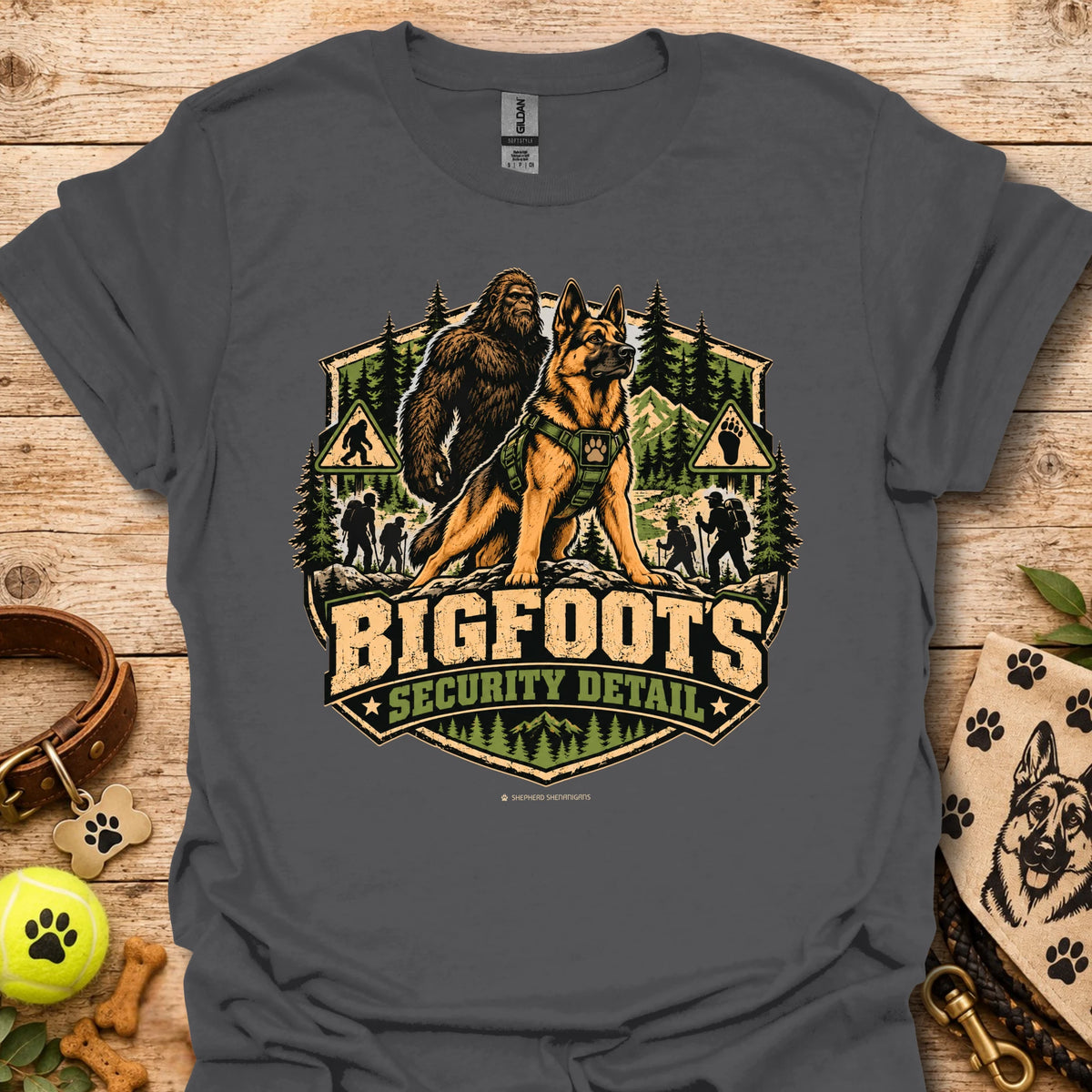 Charcoal Bigfoot's Security Detail t-shirt with Bigfoot and dog security graphic badge