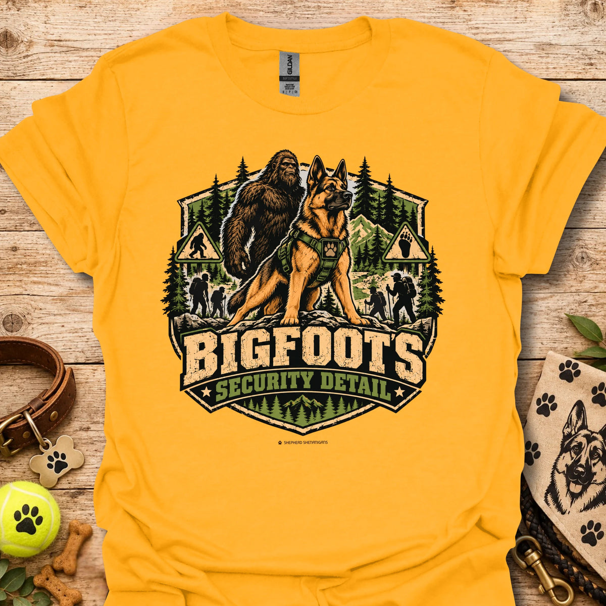 Gold Bigfoot's Security Detail t-shirt with Bigfoot and dog security graphic badge