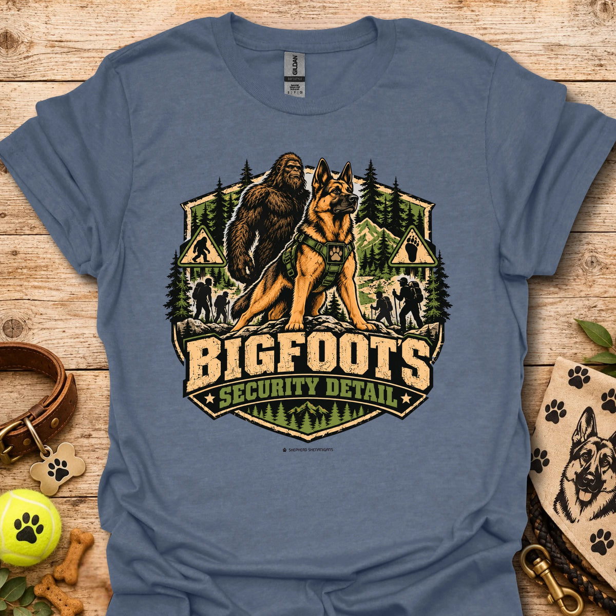 Heather indigo Bigfoot's Security Detail t-shirt with Bigfoot and dog security graphic badge