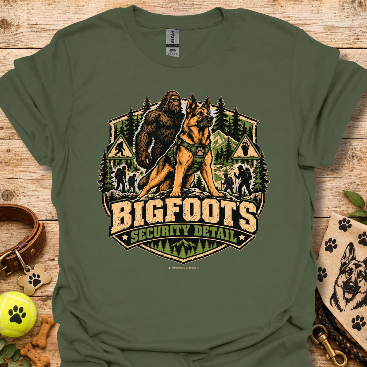 Military green Bigfoot's Security Detail t-shirt with Bigfoot and dog security graphic badge