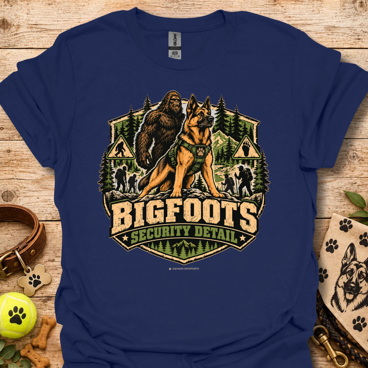 Navy Bigfoot's Security Detail t-shirt with Bigfoot and dog security graphic badge