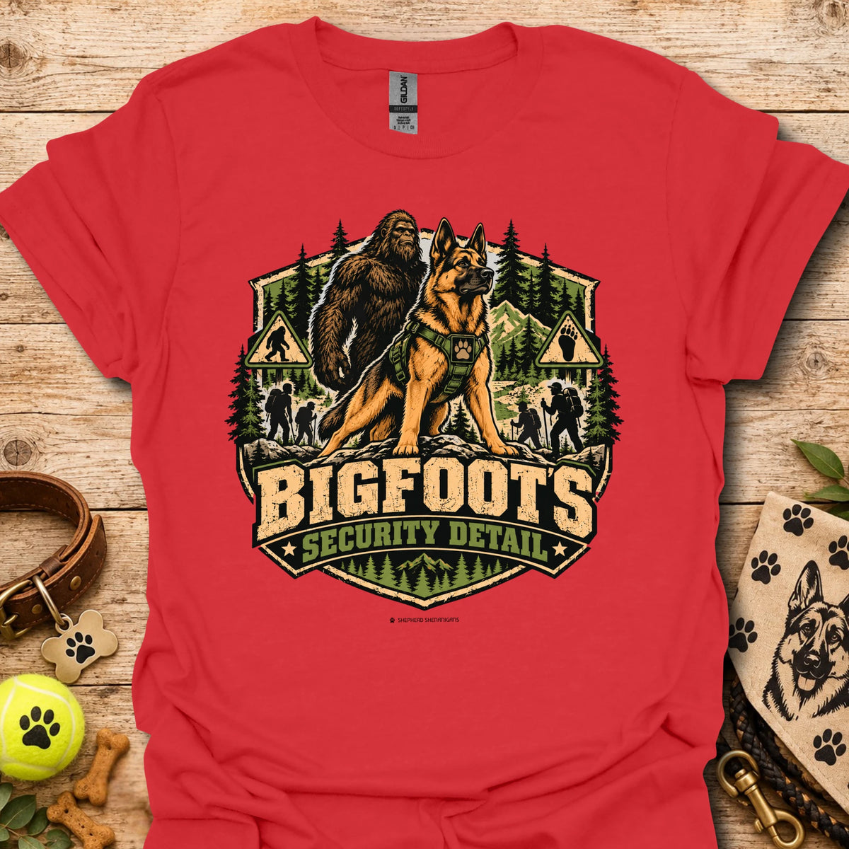 Red Bigfoot's Security Detail t-shirt with Bigfoot and dog security graphic badge