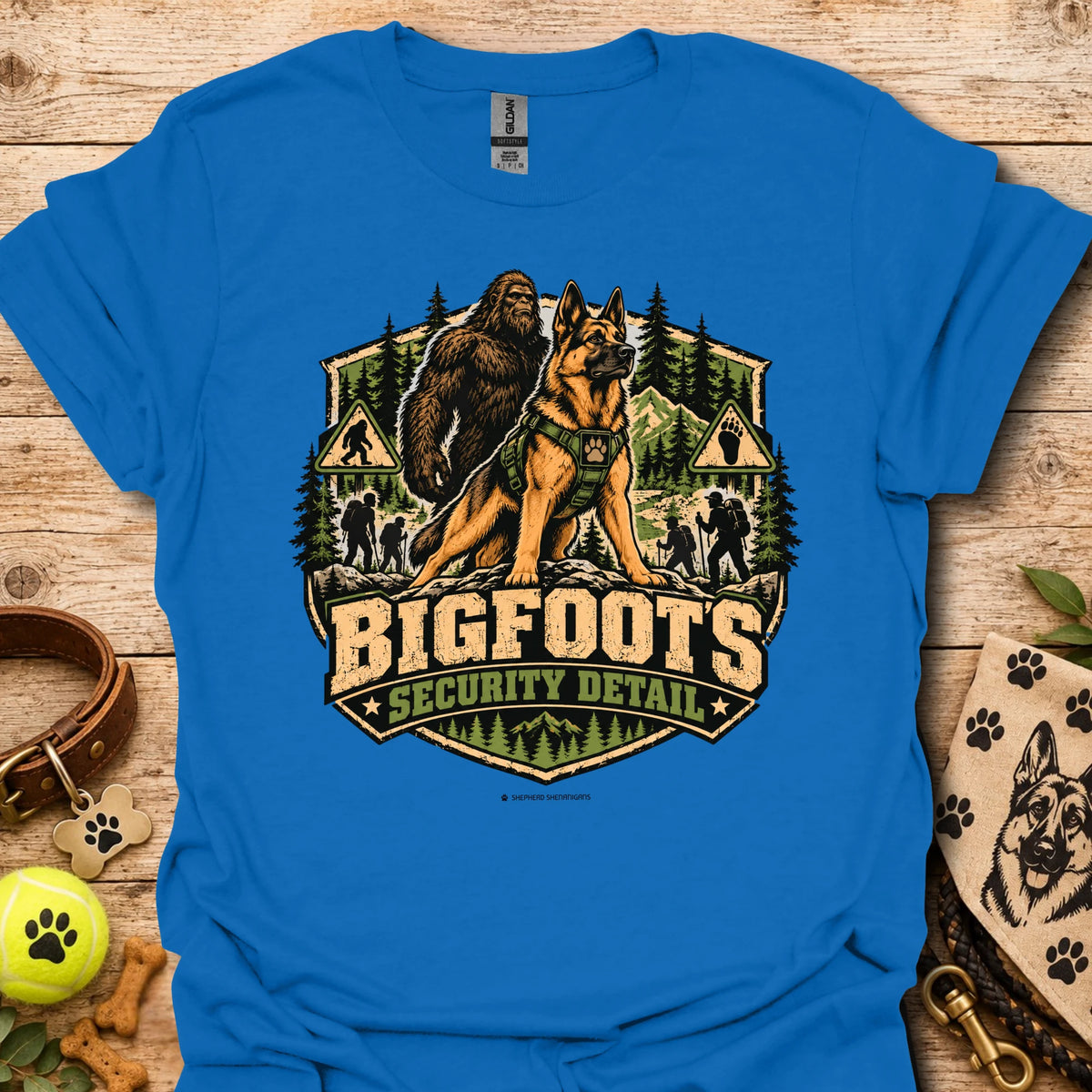 Royal blue Bigfoot's Security Detail t-shirt with Bigfoot and dog security graphic badge