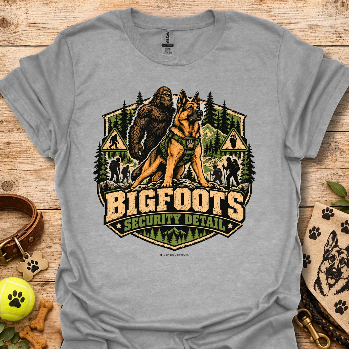 Sport grey Bigfoot's Security Detail t-shirt with Bigfoot and dog security graphic badge