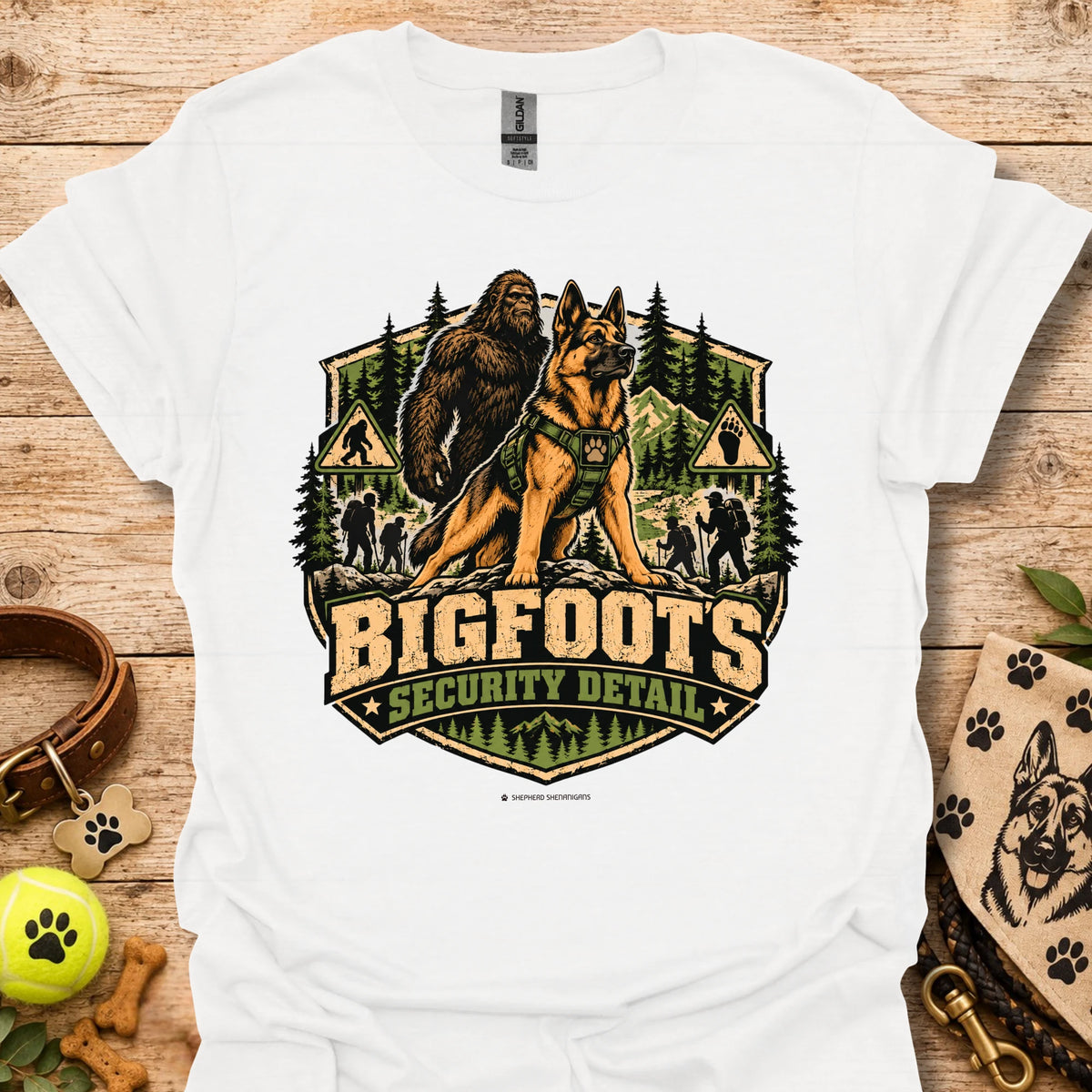 White Bigfoot's Security Detail t-shirt with Bigfoot and dog security graphic badge