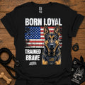 Black graphic T-shirt with German shepherd portrait, patriotic flag and bold text