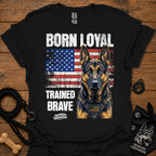Black graphic T-shirt with German shepherd portrait, patriotic flag and bold text