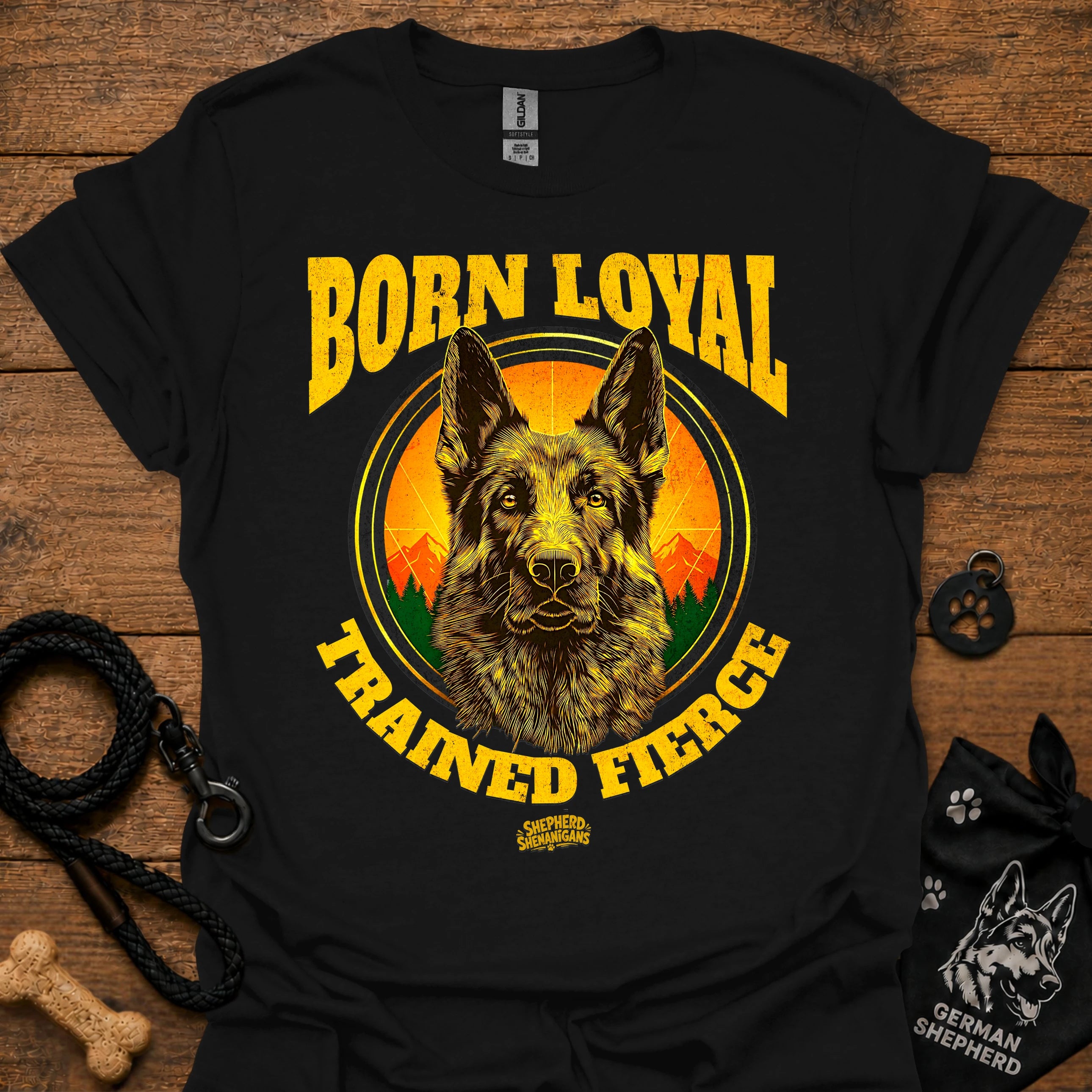 Black short-sleeve T-shirt with German shepherd portrait and bold yellow graphic