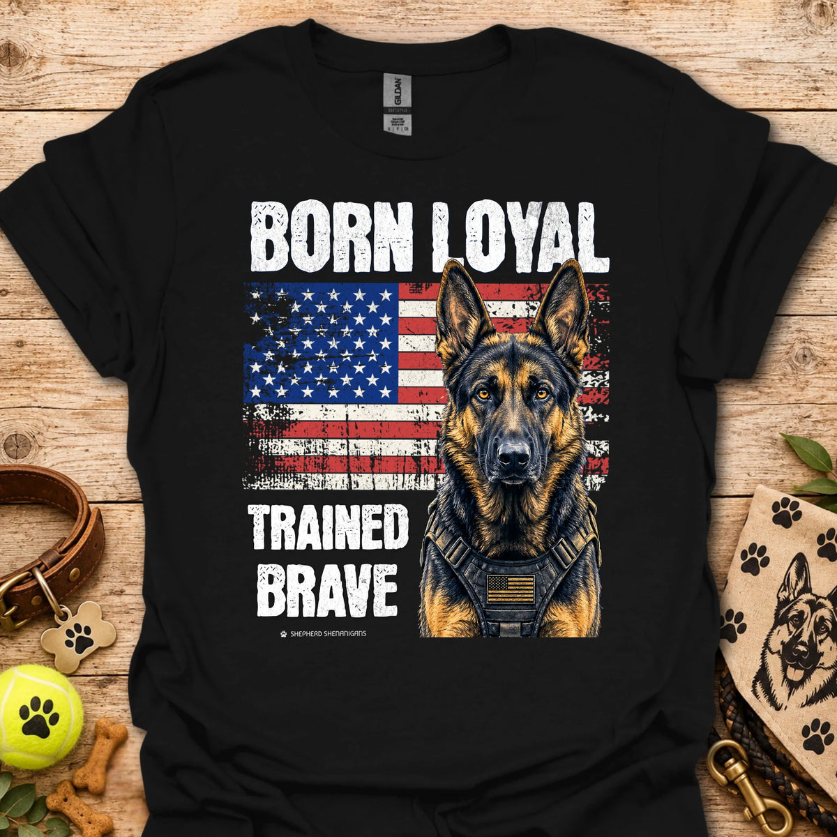 Black t-shirt with German shepherd, American flag graphic, 'Trained Brave' text