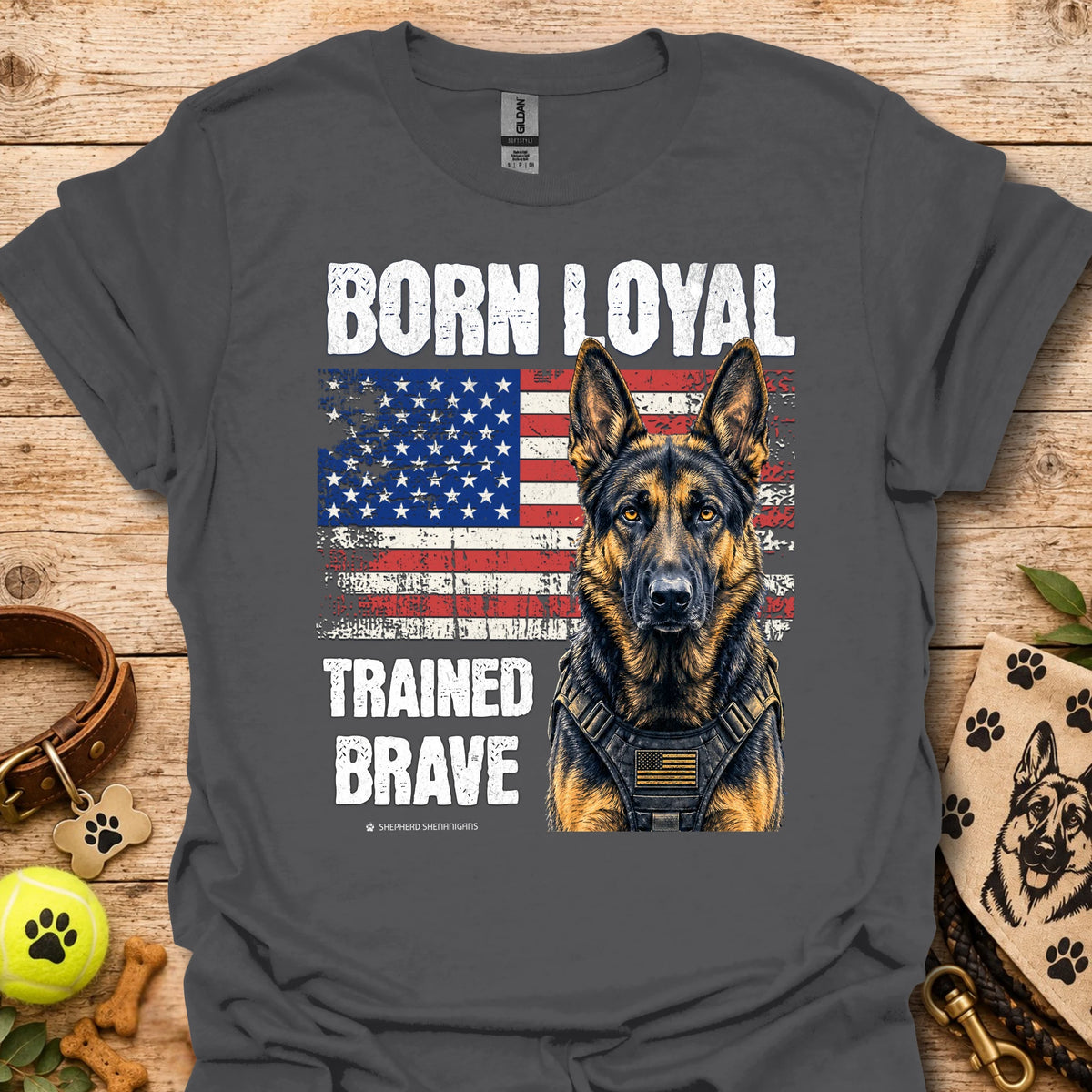 Charcoal t-shirt with German shepherd, American flag graphic, 'Trained Brave' text