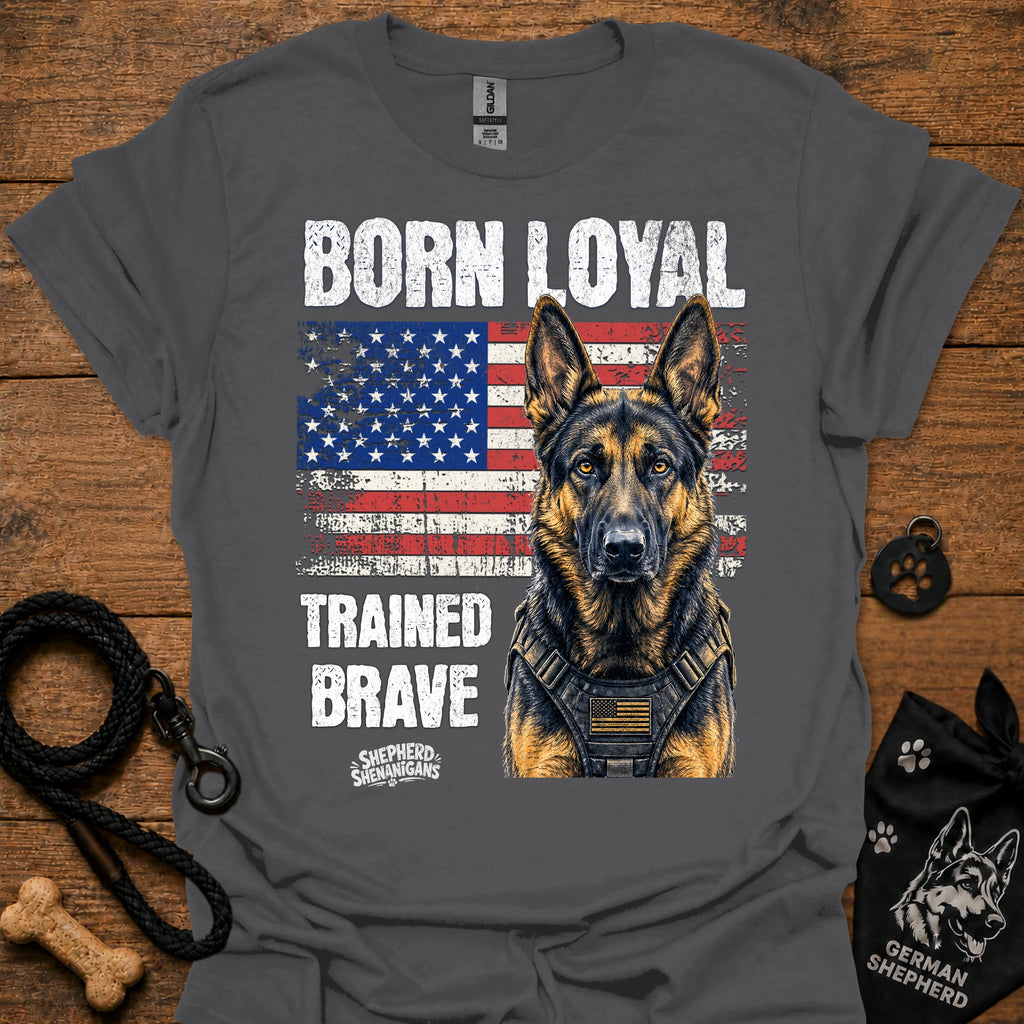 Dark gray graphic T-shirt with German shepherd portrait, patriotic flag and bold text