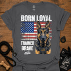 Dark gray graphic T-shirt with German shepherd portrait, patriotic flag and bold text