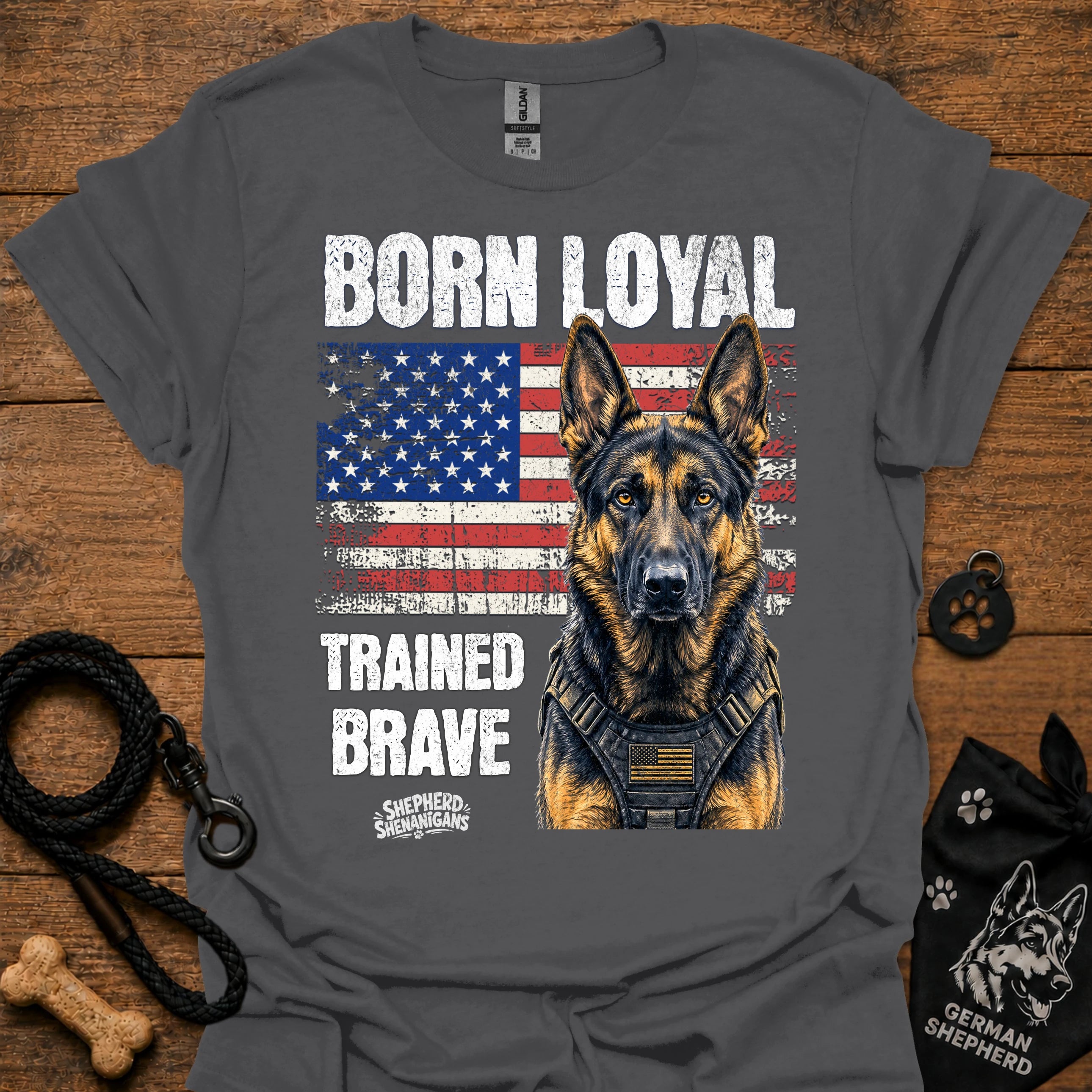 Dark gray graphic T-shirt with German shepherd portrait, patriotic flag and bold text