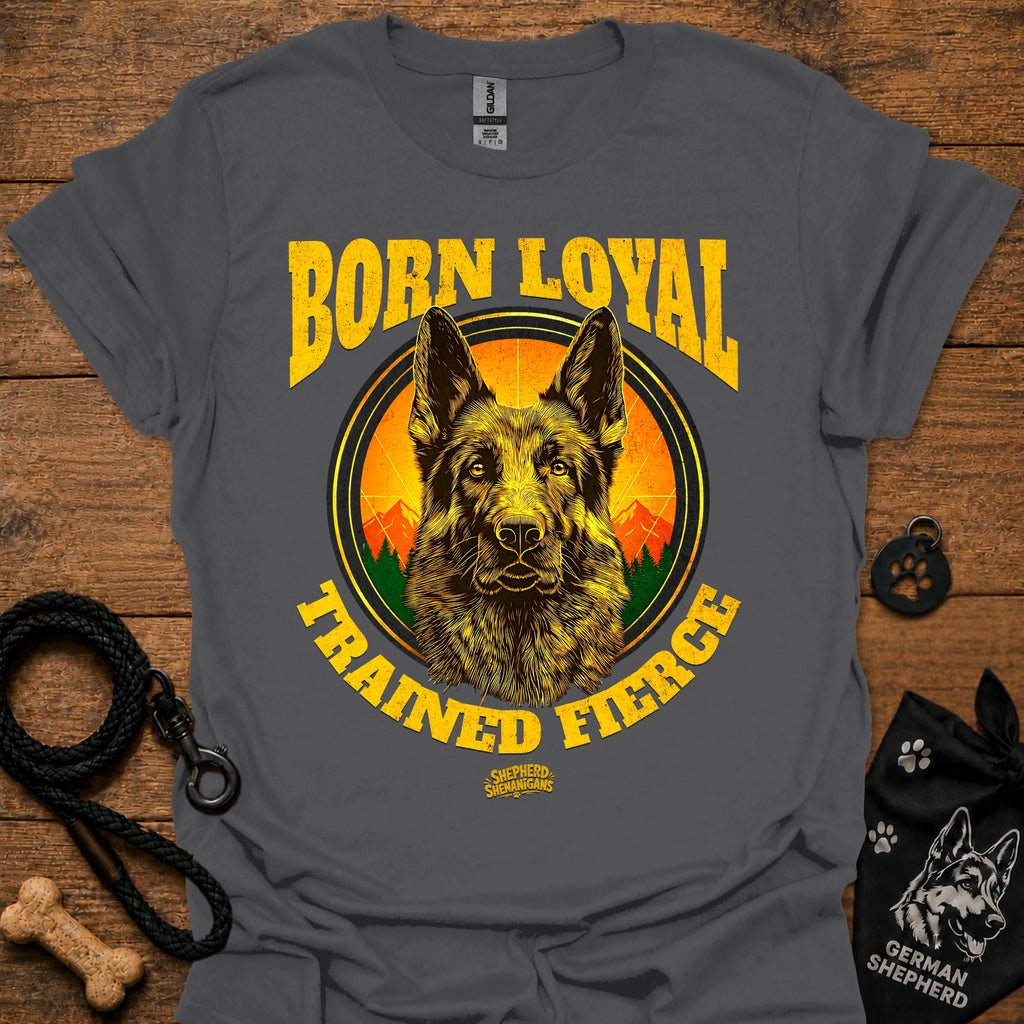 Charcoal short-sleeve T-shirt with German shepherd portrait and bold yellow graphic