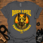 Charcoal short-sleeve T-shirt with German shepherd portrait and bold yellow graphic