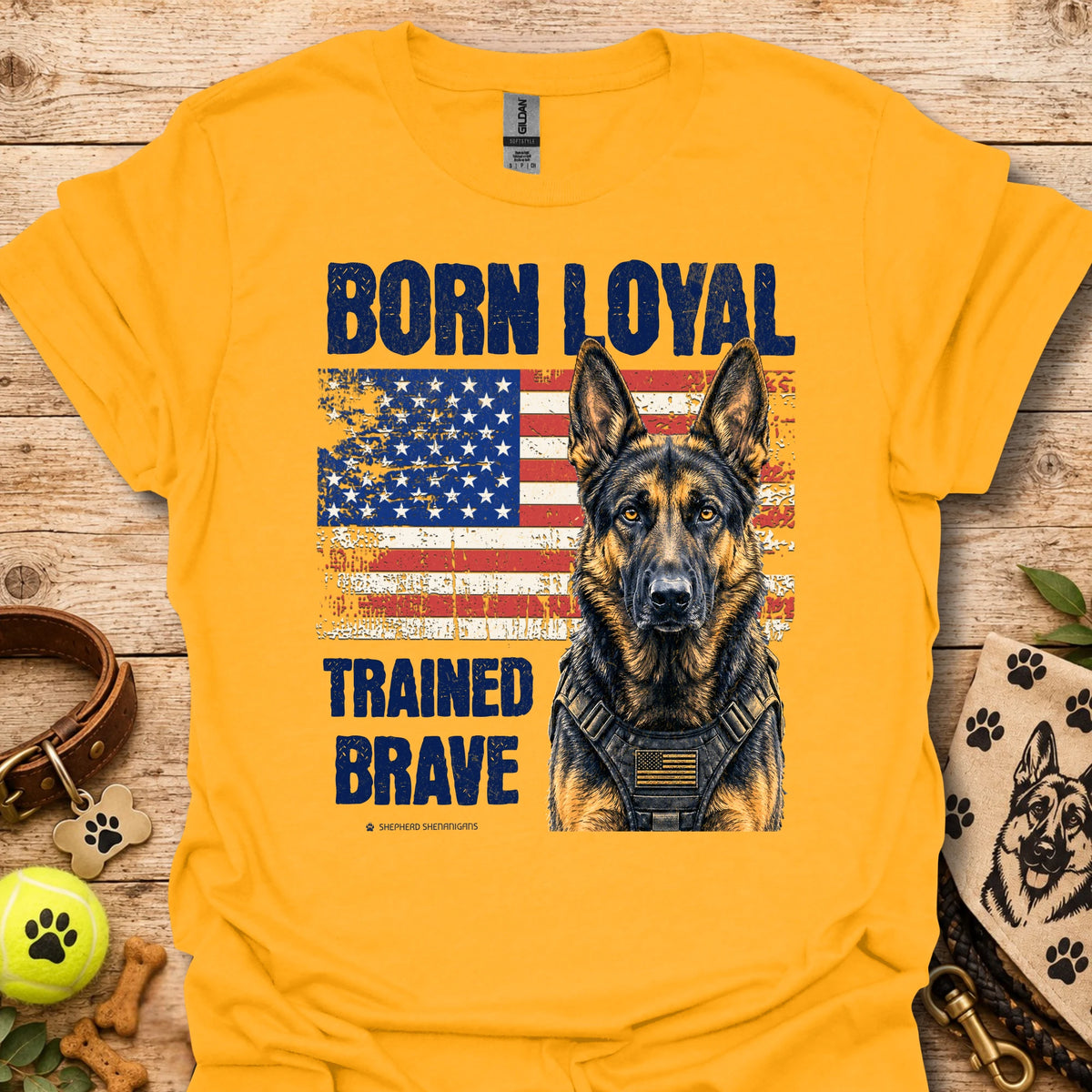Gold t-shirt with German shepherd, American flag graphic, 'Trained Brave' text