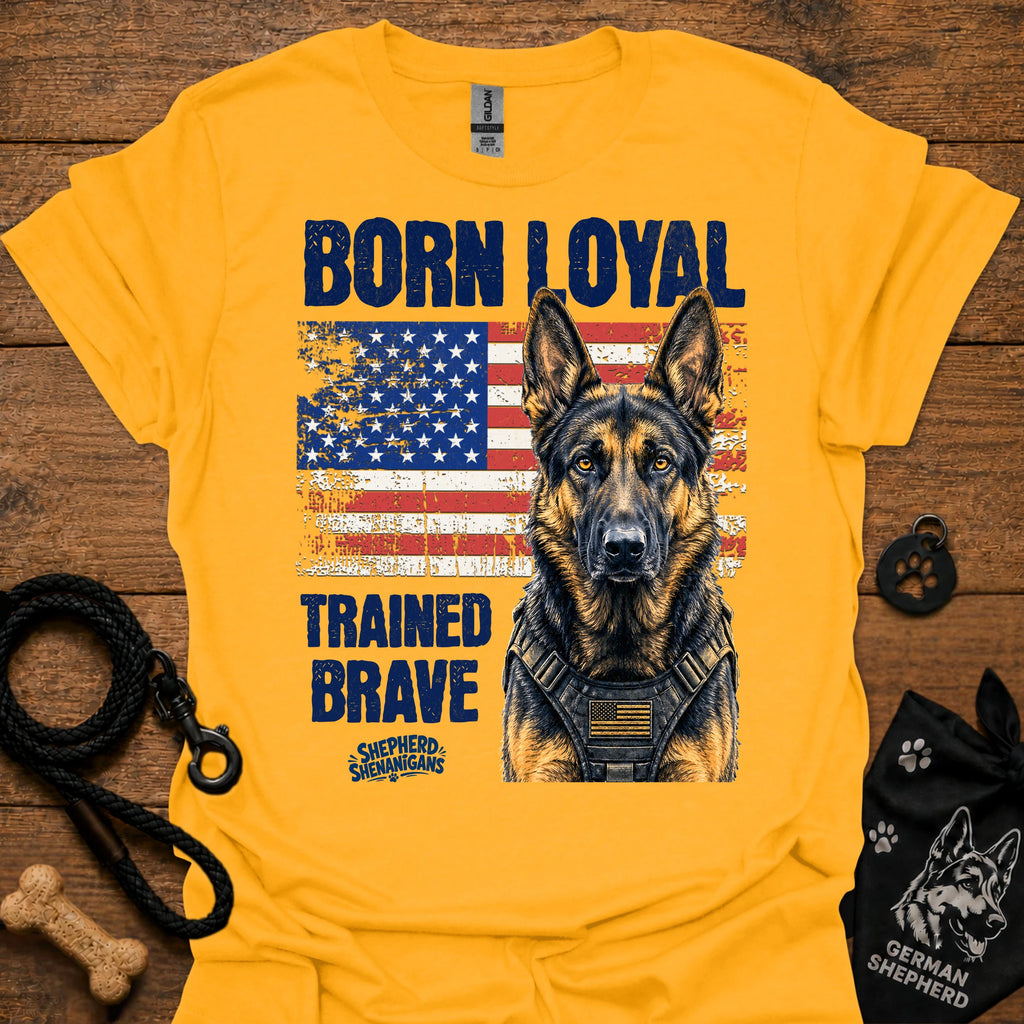 Gold graphic T-shirt with German shepherd portrait, patriotic flag and bold text