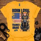 Gold graphic T-shirt with German shepherd portrait, patriotic flag and bold text