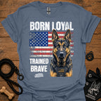Steel blue graphic T-shirt with German shepherd portrait, patriotic flag and bold text