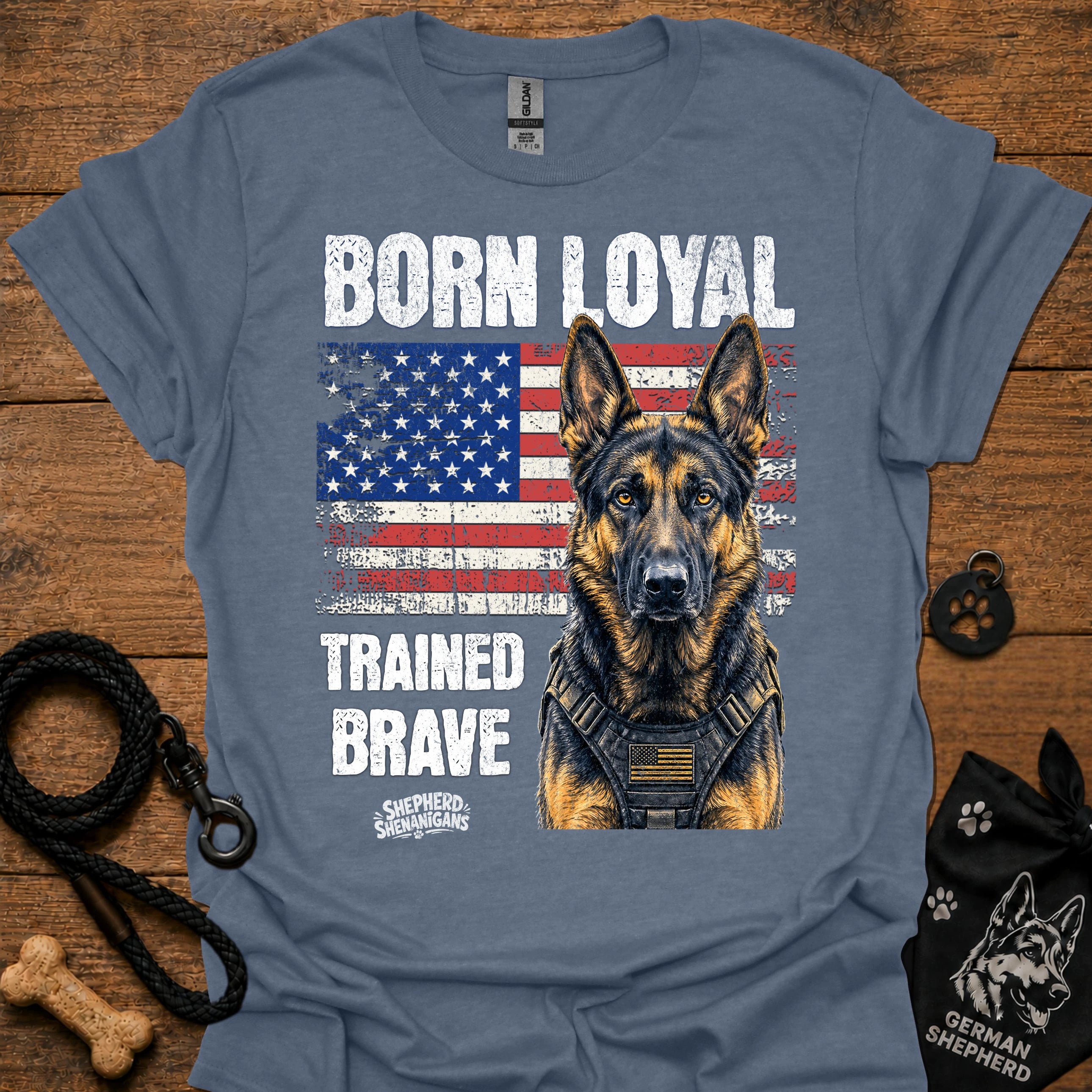 Steel blue graphic T-shirt with German shepherd portrait, patriotic flag and bold text