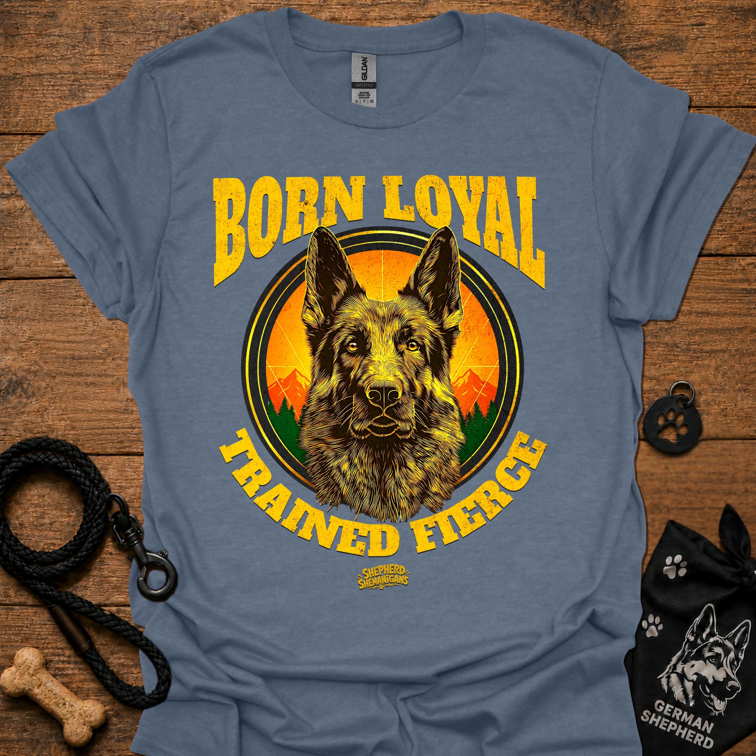 Heather blue short-sleeve T-shirt with German shepherd portrait and bold yellow graphic