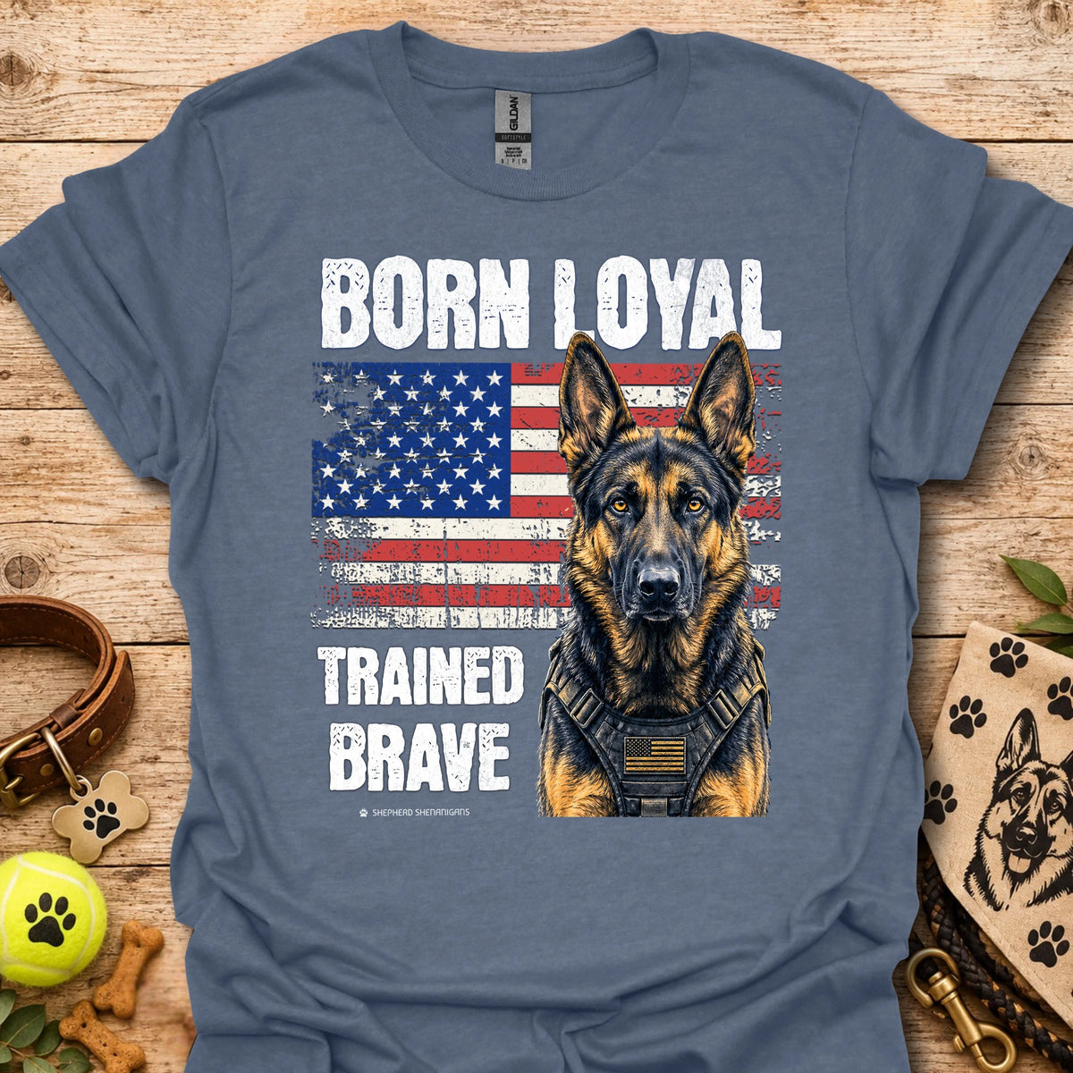 Heather Indigo t-shirt with German shepherd, American flag graphic, 'Trained Brave' text