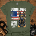 Military green graphic T-shirt with German shepherd portrait, patriotic flag and bold text