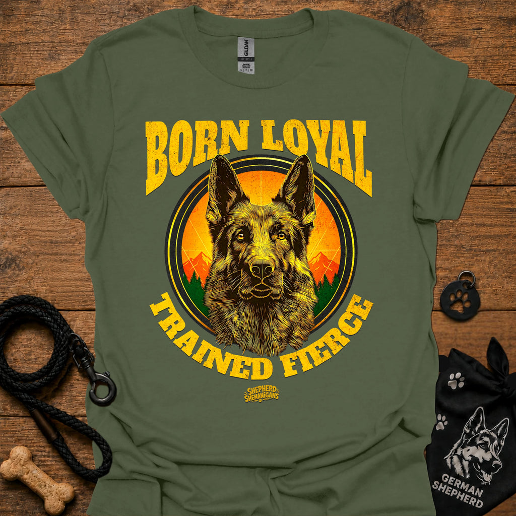 Olive green short-sleeve T-shirt with German shepherd portrait and bold yellow graphic