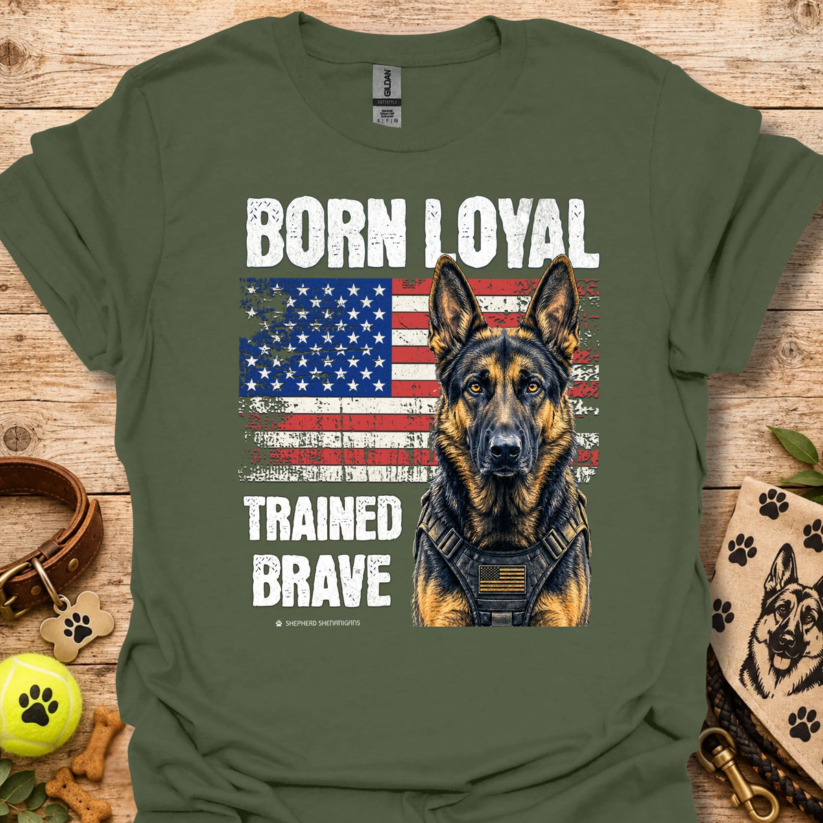 Military Green t-shirt with German shepherd, American flag graphic, 'Trained Brave' text