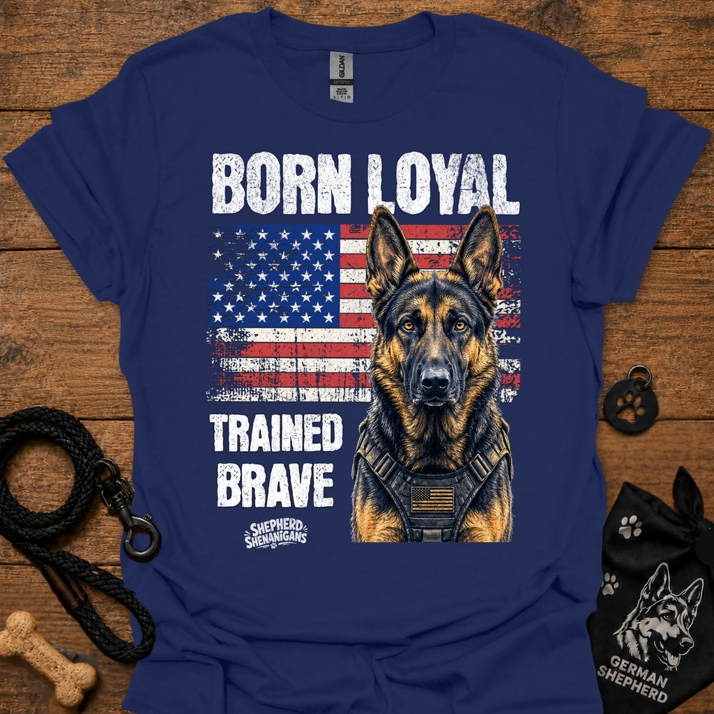 Navy graphic T-shirt with German shepherd portrait, patriotic flag and bold text