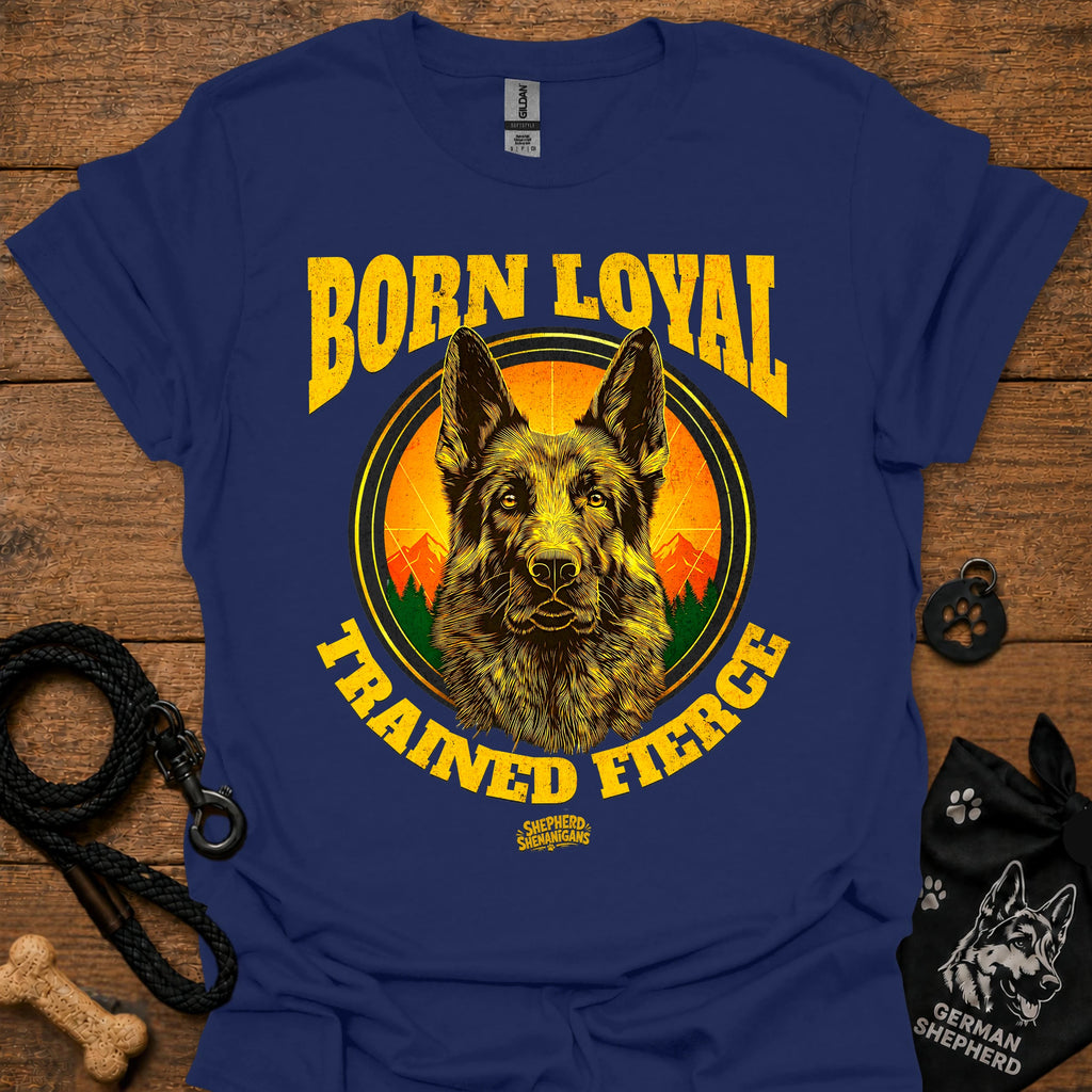 Navy short-sleeve T-shirt with German shepherd portrait and bold yellow graphic