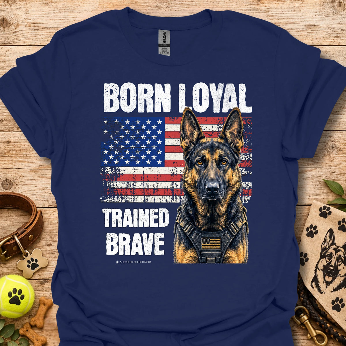 Navy t-shirt with German shepherd, American flag graphic, 'Trained Brave' text