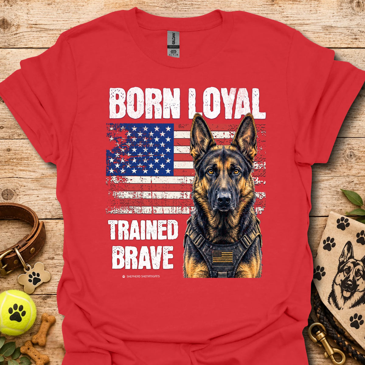Red t-shirt with German shepherd, American flag graphic, 'Trained Brave' text