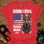 Red graphic T-shirt with German shepherd portrait, patriotic flag and bold text