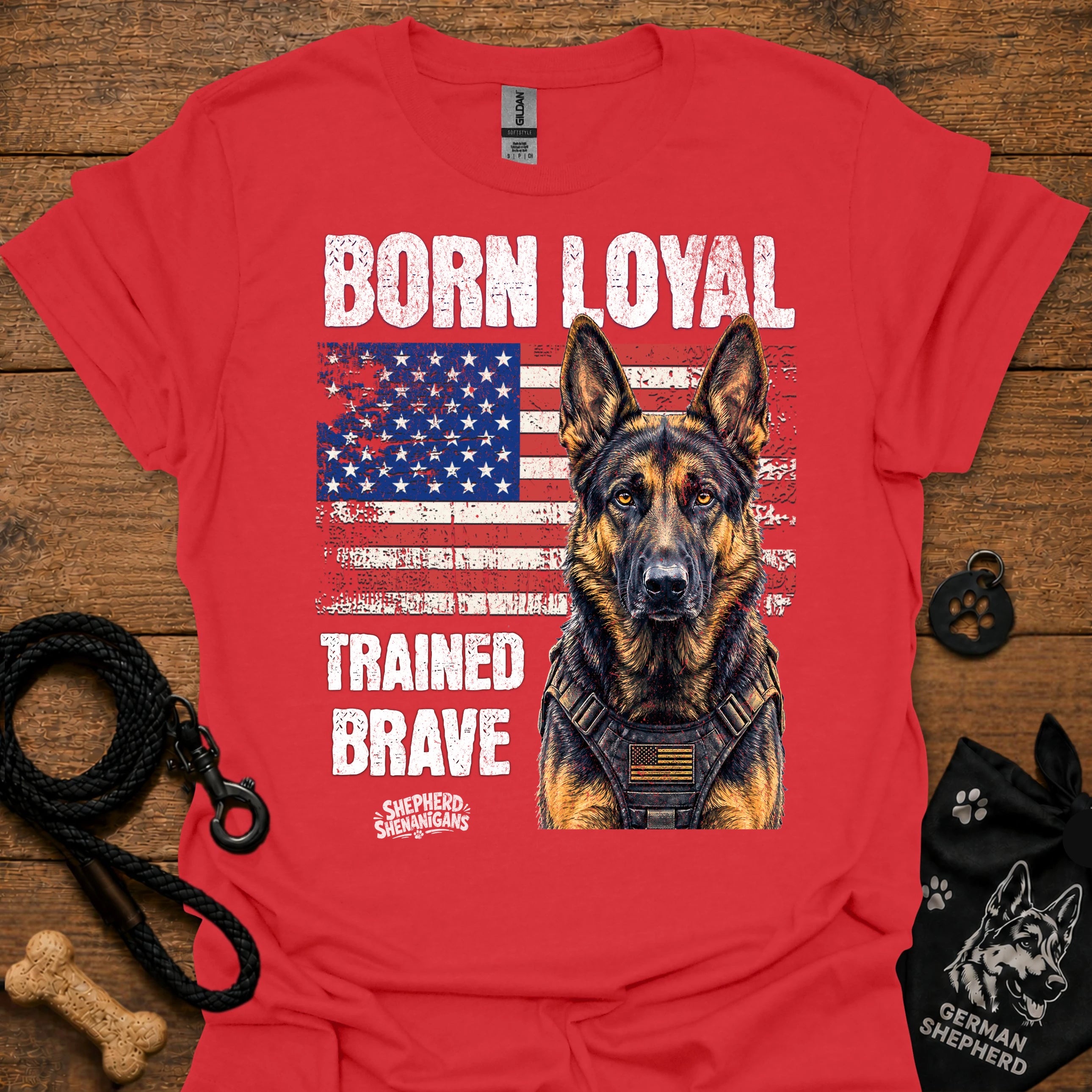 Red graphic T-shirt with German shepherd portrait, patriotic flag and bold text