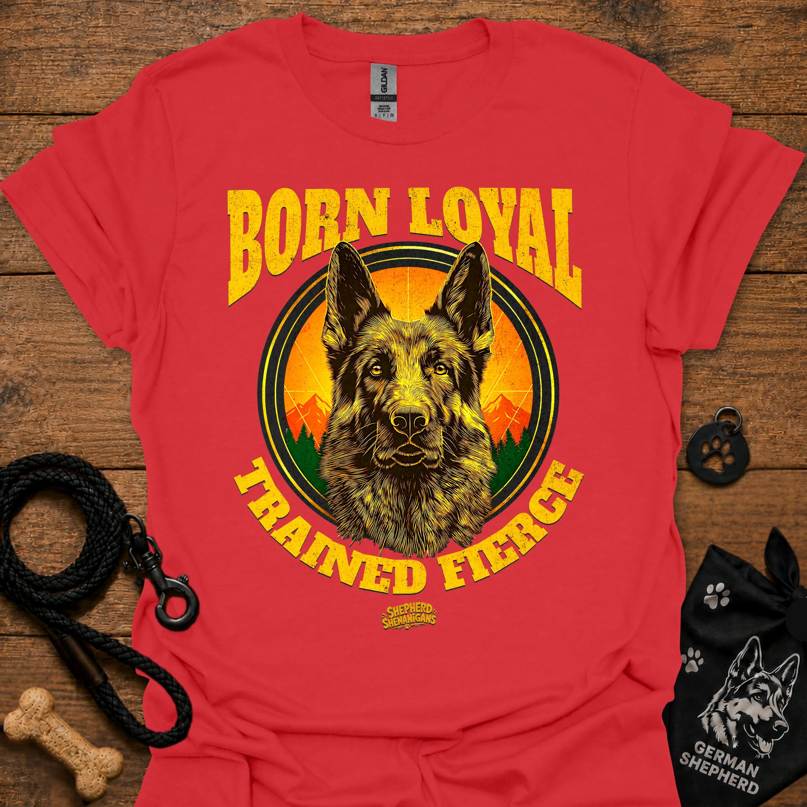 Red short-sleeve T-shirt with German shepherd portrait and bold yellow graphic