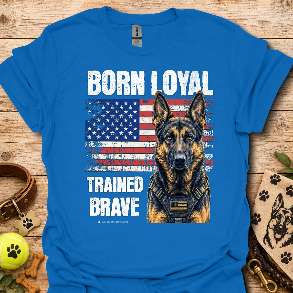 Royal blue t-shirt with German shepherd, American flag graphic, 'Trained Brave' text