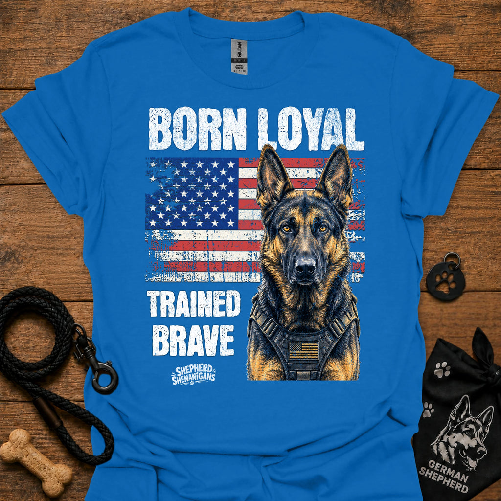 Blue graphic T-shirt with German shepherd portrait, patriotic flag and bold text
