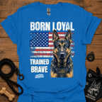 Blue graphic T-shirt with German shepherd portrait, patriotic flag and bold text