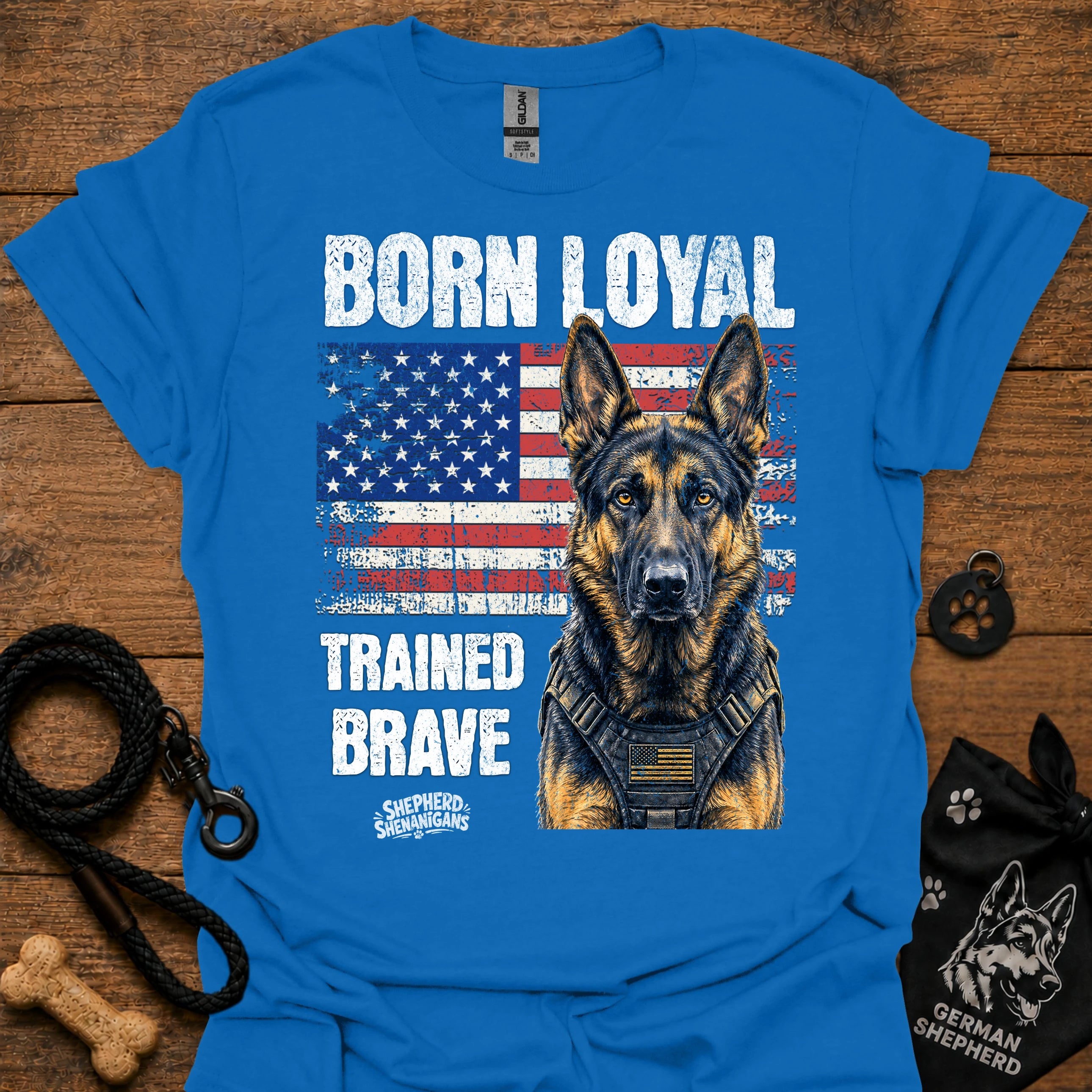 Blue graphic T-shirt with German shepherd portrait, patriotic flag and bold text