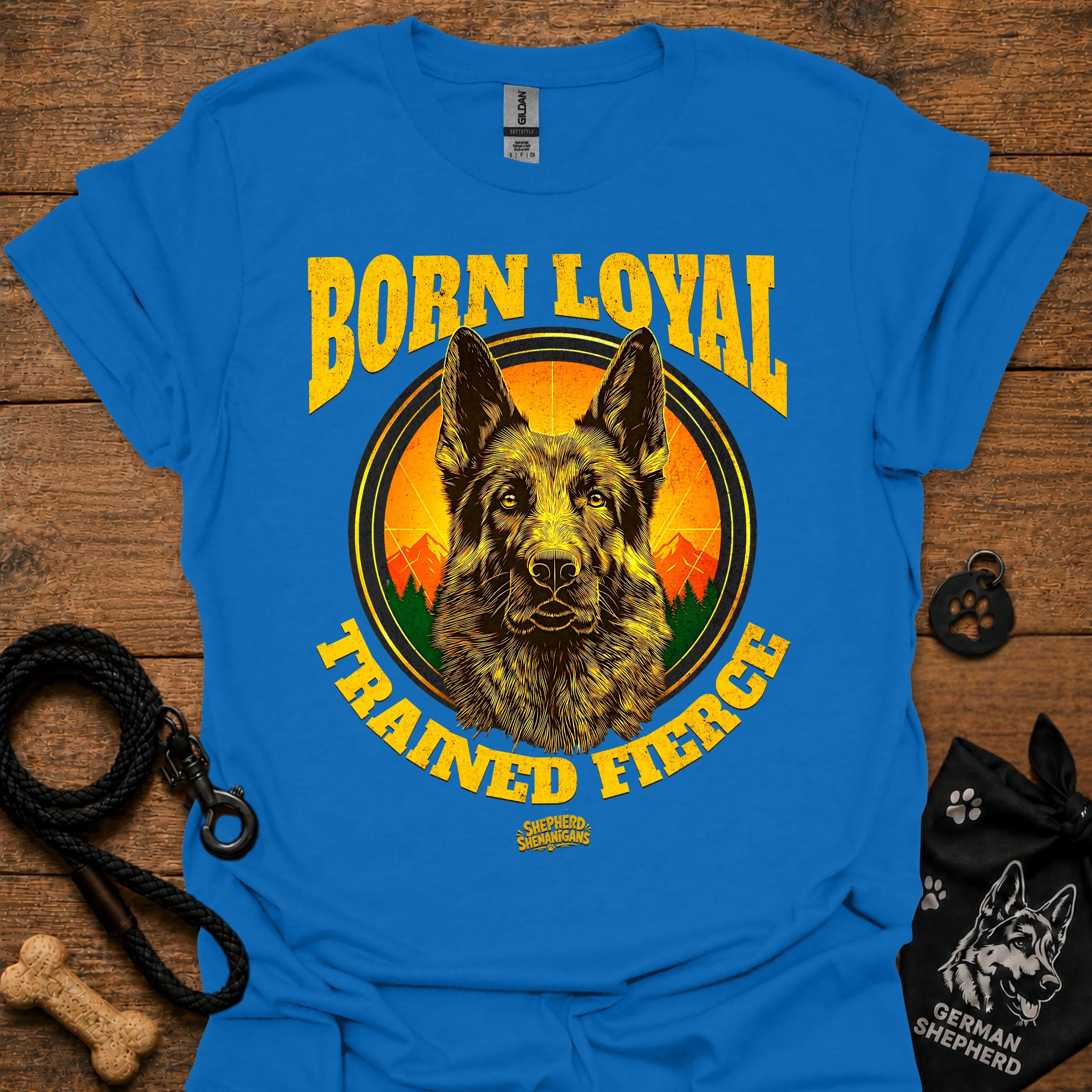 Royal blue short-sleeve T-shirt with German shepherd portrait and bold yellow graphic